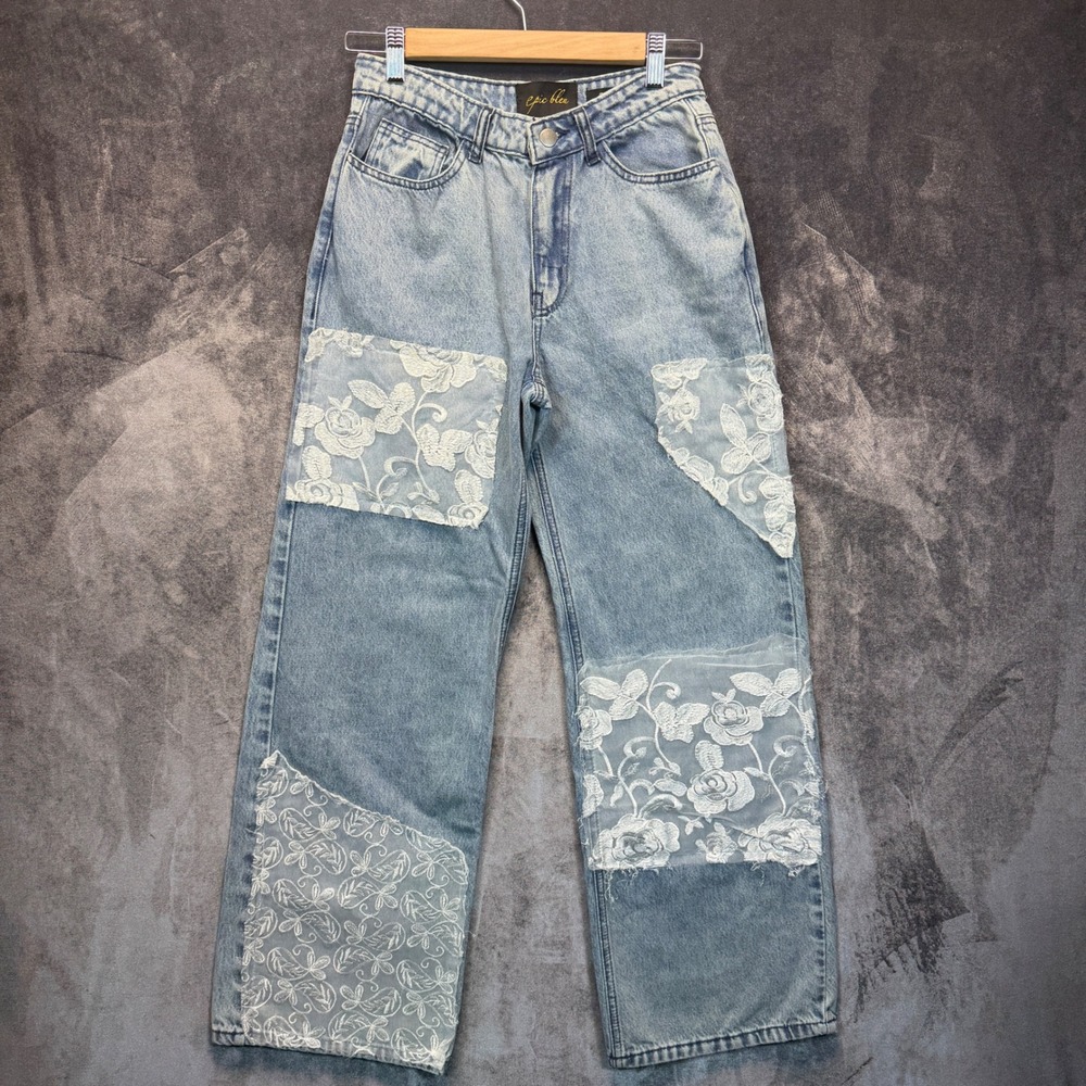 Epic Bleu Baggy Jeans Womens Light Wash Size 5 Lace Patchwork Floral Y2K Rare